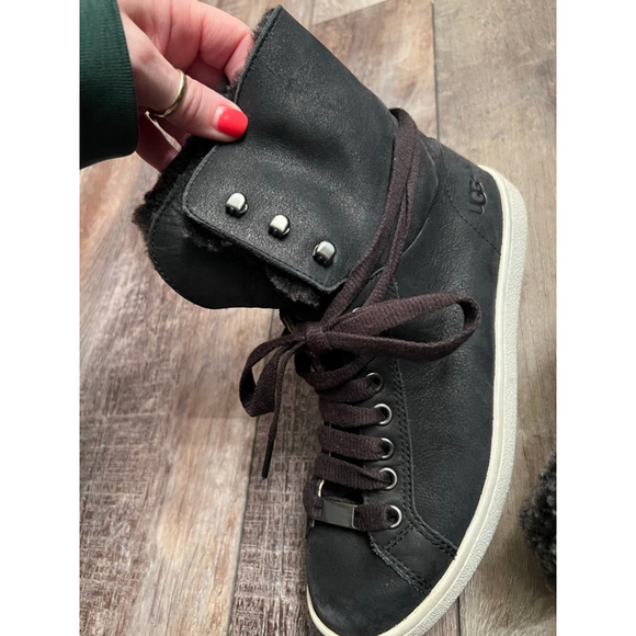 Women's UGG Black Leather Gray Shearling High Top Sneakers Size 7 - Picture 10 of 14